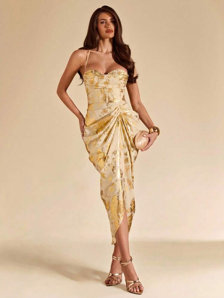 SHEIN BAE Abito in raso dorato senza maniche con spacco alto, elegante mini abito in raso dorato, abito da sera formale, adatto per feste, occasioni formali, abito elegante, abito lungo dorato, abito da compleanno, abbigliamento da invitato al matrimonio - Dorato - Visualizzare 3