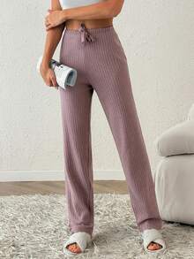 SHEIN Cottnline Women 3 Pcs Rib Knit With Fake Drawstring Detail Homewear Soft Comfort Sleep Pants Set - Multicolor - View 4