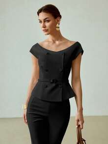PREMIUM ELEGANT FASHIONABLE DOUBLE-BREASTED PEPLUM TOP - Black - View 6