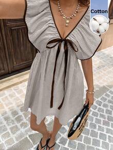 Serisse Gaun Mini Wanita Model V-Neck dengan Simpul, Bergaris, dan Ruffle, Cocok untuk Kencan dan Pesta, Gaun Musim Panas untuk Wanita - Coffee Brown - View 5