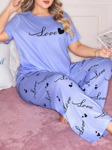 Slumberry CURVE Cute Ins Contrast Color Valentine's Day Love Print Round Neck Long Sleeve Loose Comfortable Black Plus Size Pajama Set - Baby Blue - View 4
