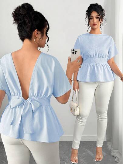 Elenzga 大码女式优雅斜肩条纹腰身衬衫