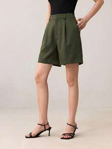 BizChic Women's Pleated High Waist Side Pocket Shorts,Army Green,Summer,Casual,Hiking,Elegant Urban Commute,Formal Office,90s Retro Style,Versatile All-Match - Army Green - View 5