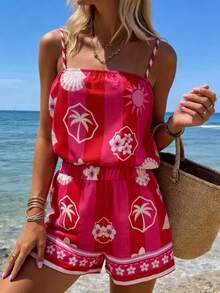 Vaclyn Women's Casual Vacation Style Palm Tree Print Camisole And Shorts Set - Red - View 3