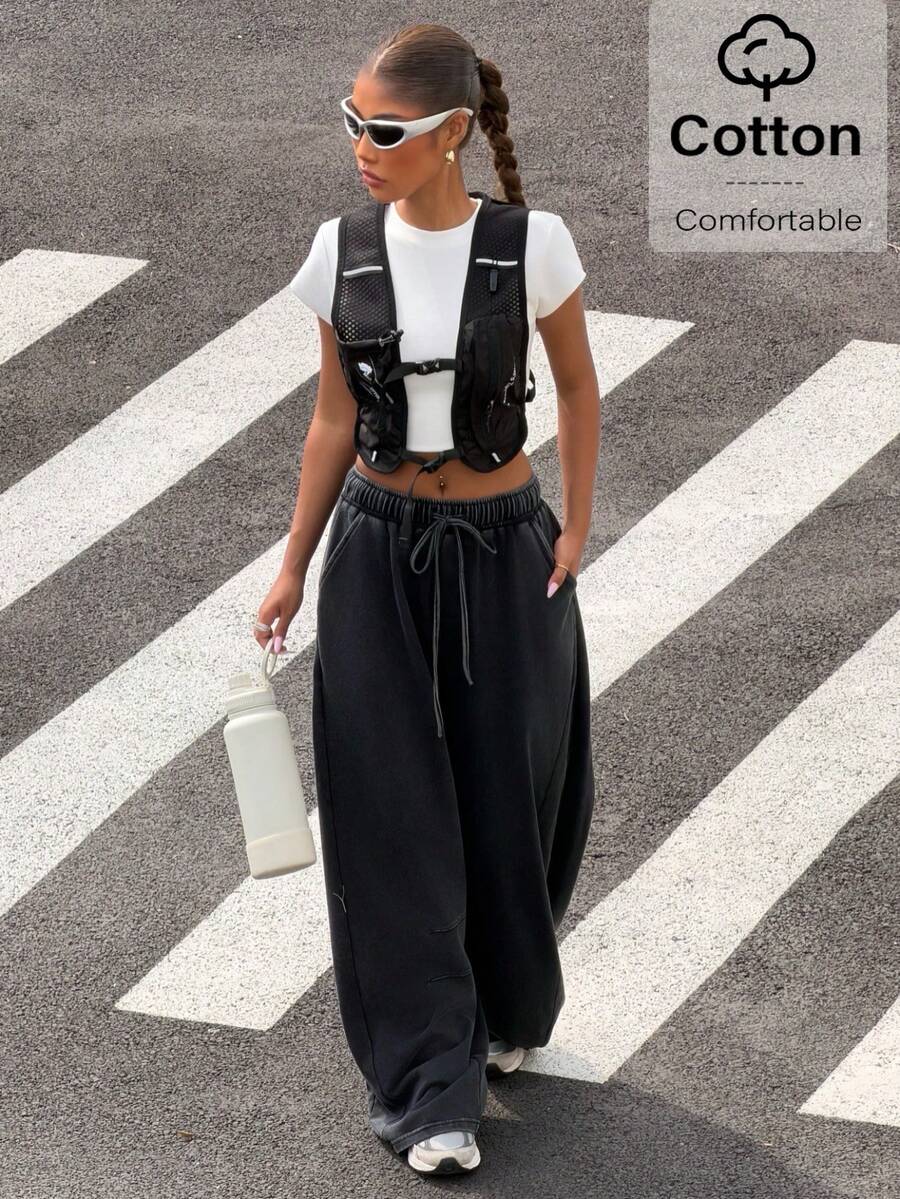 Muchica Cotton Washed Distressed Balloon  Wide Leg Pants With Elastic Waistband,Summer/Spring Outfits For Women,Going Out - Black - View 1