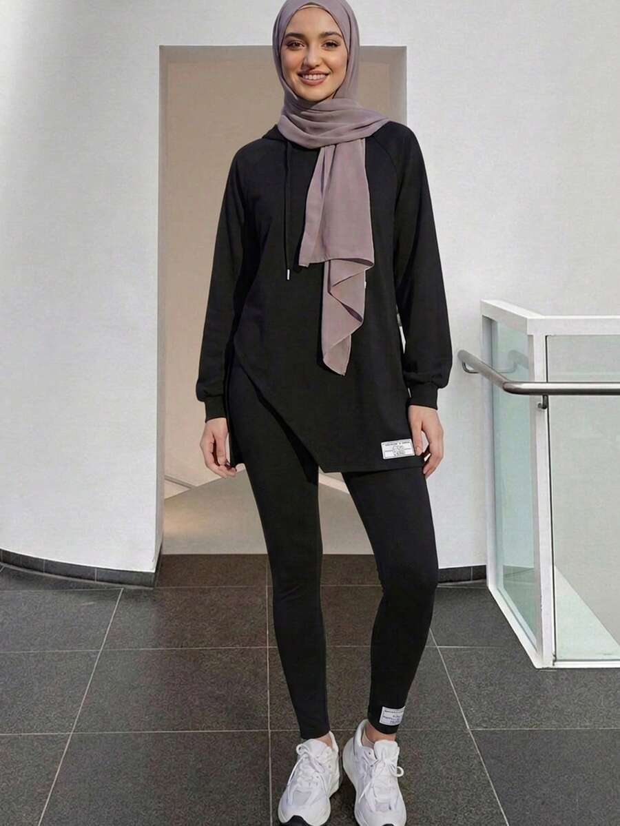 Mulvari Patched Detail Split Hem Hoodie & Leggings 2 Pieces Set - Black - View 1