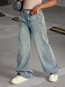 Explorewe Loose Fit Vintage Washed Denim Wide Leg Jeans For Tween GirlsCasual Style, Elastic Waist, Suitable For Vacation, Music Festival, School, Commute, Party And Other Occasions - Blue - View 6