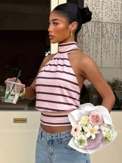 Muchica Casual Minimalist Sports Streetwear Versatile Party Airport Outfit, Striped Collegiate Print Pattern, Music Festival Outfit, Women's Summer Outfit, Women's Pink Striped Turtleneck Zip-Up Knit Camisole