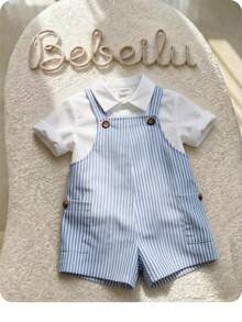 Newborn Baby Boy Cute Vacation Casual Versatile Striped Bib Romper Baby Boy Overall Set Baby Doll Clothes Boy Baby Boy Summer Overall Outfits Baby Boy Overall Outfits Baby Boy Outfit Set With Bonnet - Blue - View 2