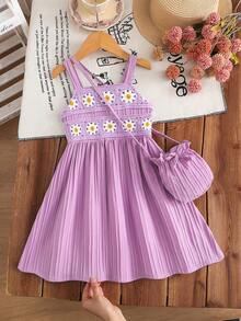 SHEIN Elladie kids 女童紫色钩花边连衣裙及配套可爱圆形包包，夏季休闲度假户外运动连衣裙 - 淡紫色 - 查看 7