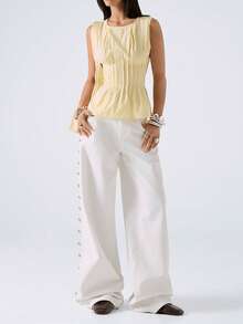 LYSMO 女士条纹圆领褶皱休闲百搭日常上衣 - 淡黃色 - 查看 7