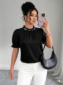 GlowEve CURVE Plus Size Women's Black Summer Elegant Dinner Shirt,Short-Sleeved French Temperament Workplace Light Sleeve Blouse Tops For Women - Black - View 3