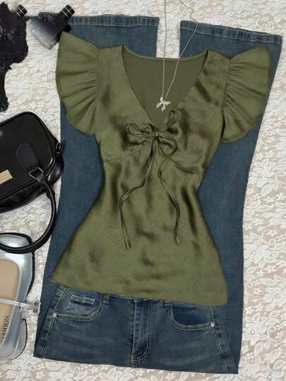 SHEIN Franclia 女士纯色前系带短袖衬衫，春夏款