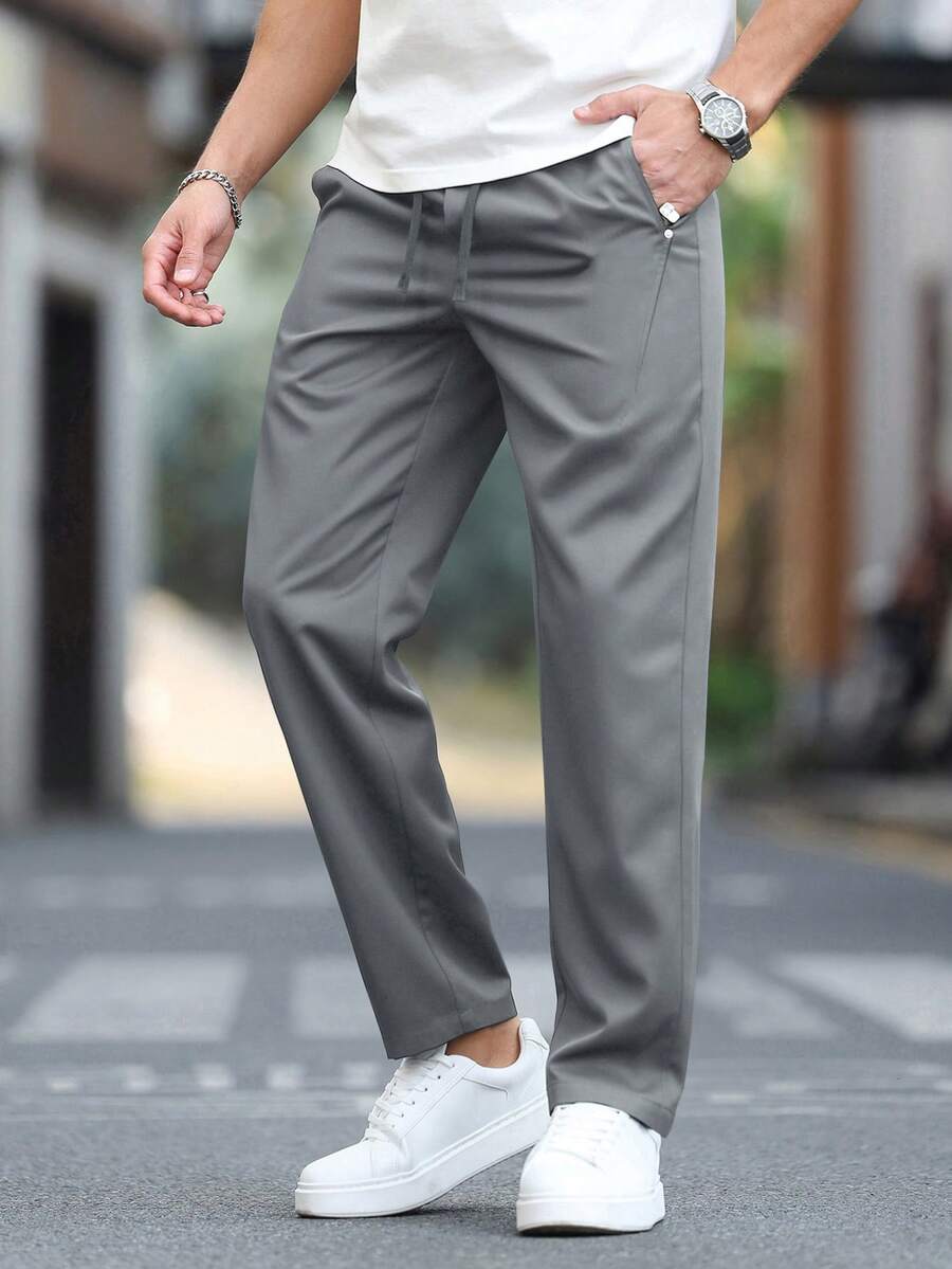 Manfinity CasualCool Men's Casual Versatile Solid Color Pants - Dark Grey - View 1