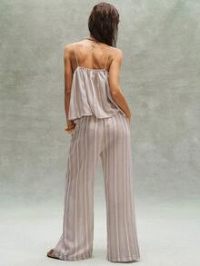 Bohemela 2pcs Women Casual Woven Striped Camisole & Loose Pants Set - Apricot - View 4