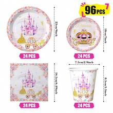 Pink Base Castle Disposable Plates, Napkins And Cups, Party Supplies Set, Serves 24 People, Disposable Paper Party Tableware, Suitable For Birthdays, Weddings, Themed Parties And Family Picnics. - View 2