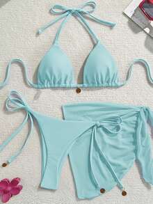 Swim Vcay Conjunto de biquíni sexy de 3 peças com colar de metal de cor sólida e amarração nas costas, ideal para férias na praia. - Azul - Ver 3