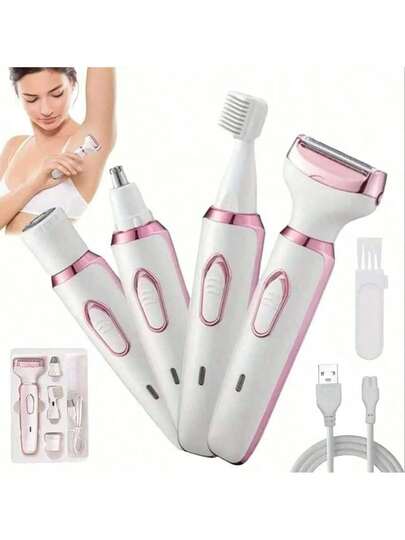 四合一可充电女士电动剃须刀套装，适用于面部、鼻部、腿部和腋下，无线干湿两用无痛比基尼修剪器，可充电便携式电动剃须刀