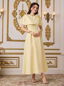 Modelyn Đầm dài nữ đính đá, thắt eo, thiết kế áo choàng, đầm phù dâu, đầm mùa hè. - Vàng nhạt - Xem 3