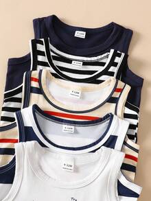 SHEIN Playful Pals 5件套休闲白色针织无袖背心，适合作为内搭，可用于户外活动、休闲穿着、旅行，适合6个月至3岁男婴。 - 彩色 - 查看 4