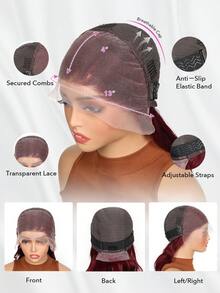 Women' Burgundy 13x4 Transparent Lace Front Wigs Human Hair Pre Plucked With Baby Natural Wavy Wig With 99J Red Body Wave, Long Wavy For Daily 180% Density - S99J - View 5