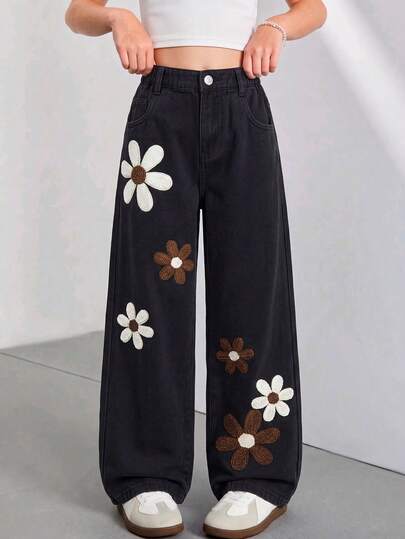 SHEIN ChillGRL 少女水洗黑色牛仔裤，复古百搭，花卉刺绣设计，直筒阔腿牛仔裤，夏季款