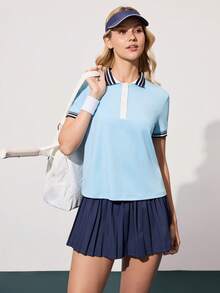 CourtClass Áo polo tay ngắn phối sọc tương phản dành cho nữ mùa hè, kiểu áo tennis. - Màu xanh nhạt - Xem 3