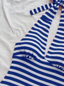 Soleia Mono de punto con textura de cuello en V profundo, franja roja y blanca, con lazo delantero, adecuado para fiesta, Día de San Valentín, cita, superposición, Navidad, playa, crucero, festival, Pascua, vacaciones bohemias, talla grande para mujer - Azul y blanco - Ver 6