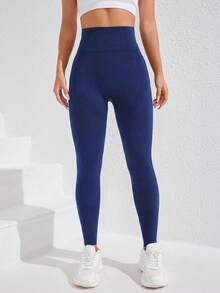Gameset SHEIN Sport 女士纯色高腰休闲百搭日常运动紧身裤 - 藏蓝色 - 查看 3