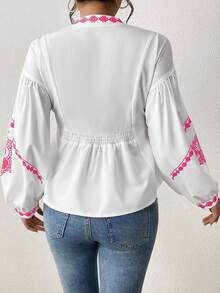 EMERY ROSE Women's Shirred Graphic Print Long Sleeve Button Shirt Peplum Top - Hot Pink - View 2