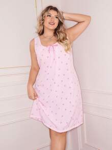 Slumberry CURVE Mjukt och bekvämt plusstorleksrandigt rosa nattlinne med rosettknut - Rosa - Visa 1