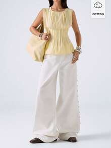 LYSMO 女士条纹圆领褶皱休闲百搭日常上衣 - 淡黃色 - 查看 1