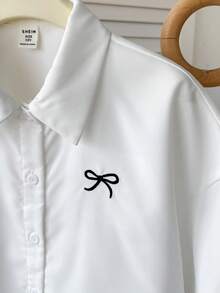 SHEIN Tween Girls Bow Embroidered Floral Pattern Collared Short Casual Blouse,Kids - White - View 4