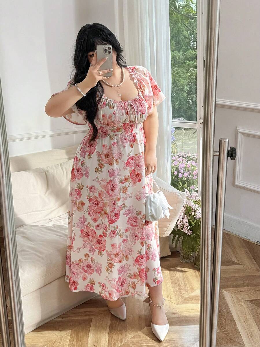 CovetEZ Vestido de manga corta con cuello cuadrado y estampado floral, talla grande, primavera/verano - Rosa - Ver 1