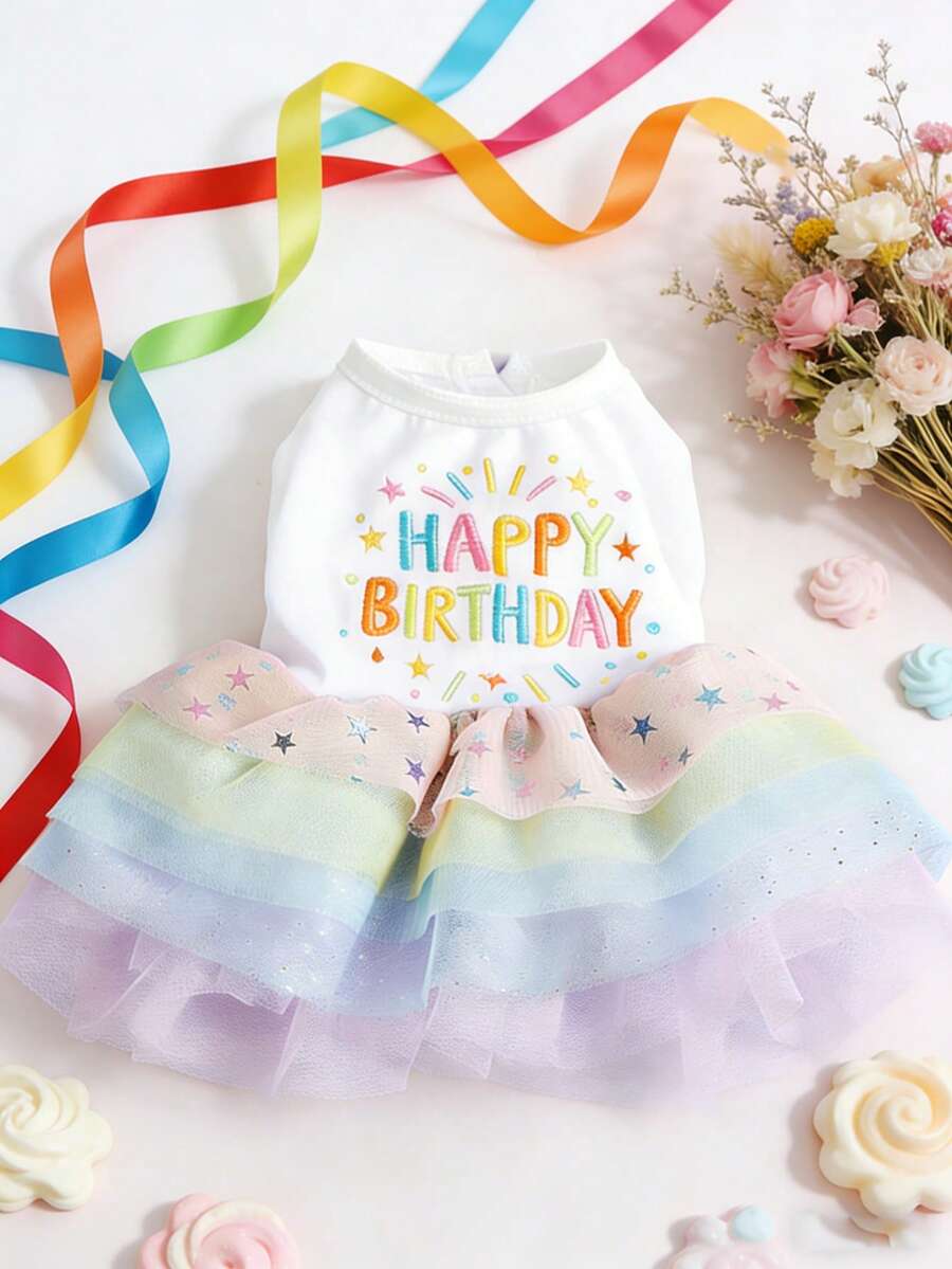 PETSIN 1件生日快乐主题宠物彩虹网纱蓬蓬裙腰带闪亮公主风蓬蓬裙，薄款猫狗通用服装 - 彩色 - 查看 1
