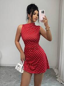 SHEIN Raffinéa 女士优雅无袖新款酒红色波点吊带A字短裙，复古性感优雅约会派对鸡尾酒会连衣裙 - 紅色 - 查看 6