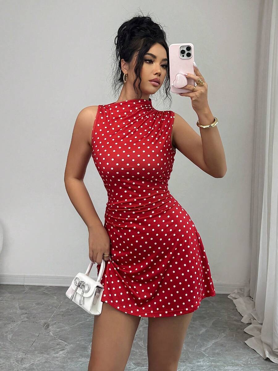 SHEIN Raffinéa 女士优雅无袖新款酒红色波点吊带A字短裙，复古性感优雅约会派对鸡尾酒会连衣裙 - 紅色 - 查看 1