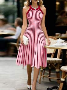 Franclia Women's Elegant Contrast Color Striped Backless Halter Knit Dress, Summer - Baby Pink - View 4
