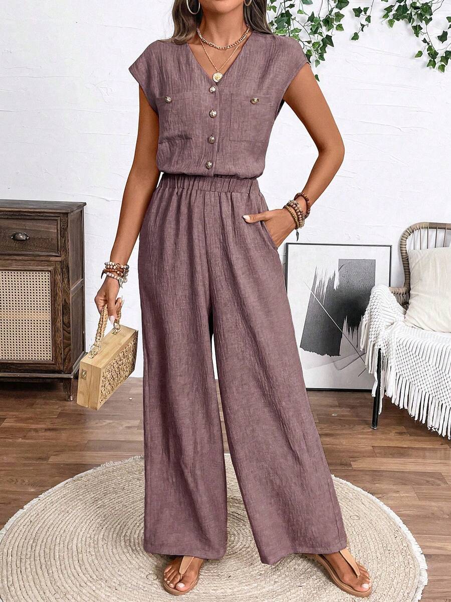 EMERY ROSE Women's V-Neck Single-Breasted Cuffed Sleeve Pocket Wide Leg Casual Jumpsuit - Dusty Pink - View 1