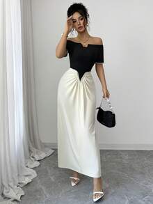 Modelyn Women's Elegant Socialite Style Color Block Short Sleeve Off-Shoulder Pearl Embellished Cinched Waist Long Dress - Black - View 6