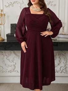 Seusyu Plus Size Women's Summer Modest Traditional Wedding Guest Burgundy Elegant Dress,Square Neck Chiffon Mesh Long Sleeve Ruched Bust A-Line Midi Dress - Burgundy - View 1
