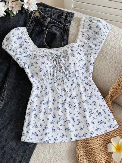 SHEIN Tween Girls Floral Lace Trim Short Sleeve T-Shirt