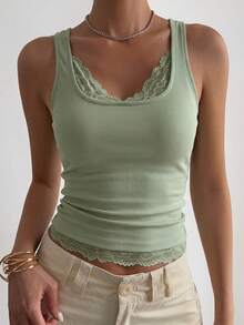 DAZY 春夏绿色休闲街头镂空蕾丝拼接修身吊带背心，适合婚礼、派对、情人节等场合 - 薄荷綠 - 查看 4