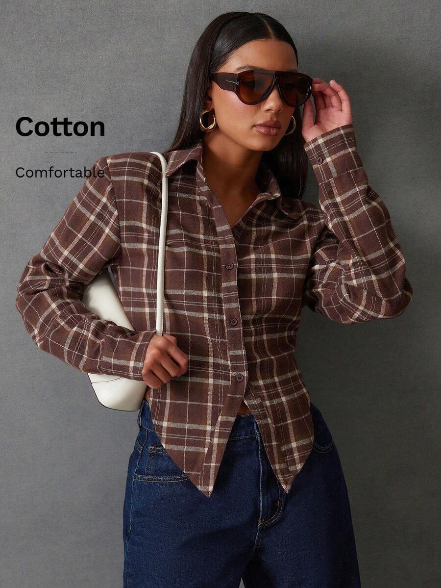 NYA SZN 棕色格子长袖衬衫，纽扣领，商务休闲宽松款式，适合节日、假日派对等场合，尽显奢华优雅，女士必备单品 - 咖啡棕 - 查看 1
