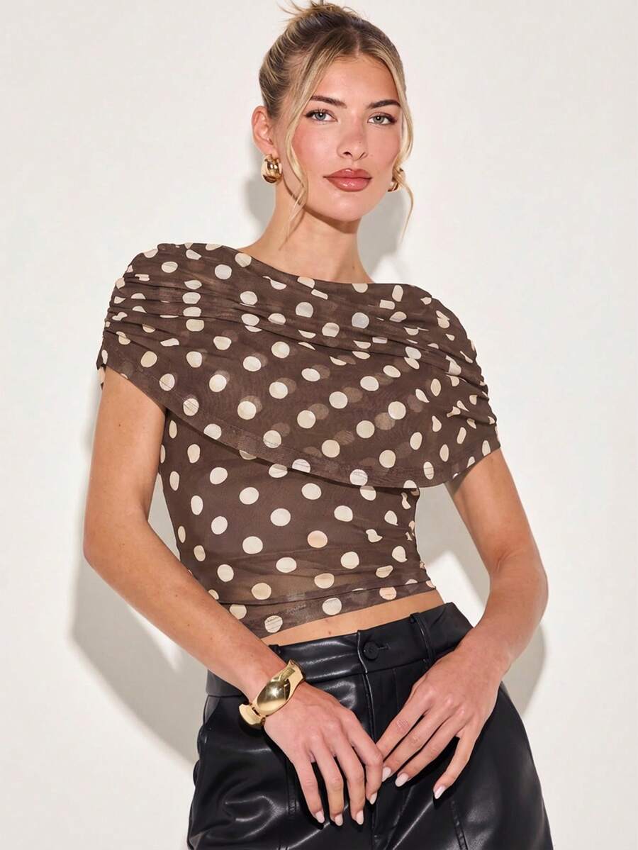 COSMINA Blusa elegante con estampado de lunares, diseño ajustado y acortado, adecuada para uso diario, salir con amigos, tomar el té de la tarde, diseño 2 en 1 con chal, patrón de lunares en color albaricoque y marrón, primavera/verano - Marrón - Ver 1