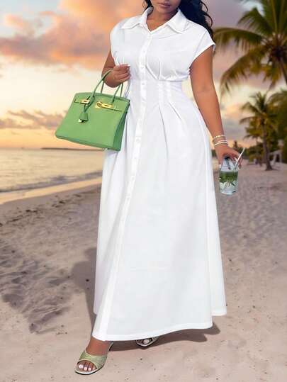 Slaydiva Plus Size Casual Solid Color Waist Cinched Dress, Summer