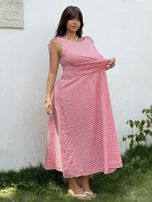 GalTyme 大码女式格子圆领无袖抽绳腰休闲连衣裙 - 紅白色 - 查看 7