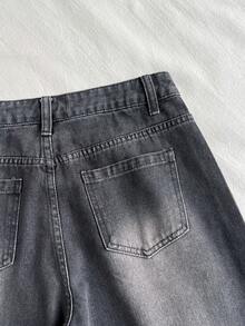 SHEIN ICON Retro seksowne dopasowane dżinsy z szerokimi nogawkami i zdobione kryształkami Jeansy z brokatem i kryształkami Jeansy z brokatem i kryształkami - Szary - Zobacz 4