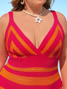 Vivid Eden Plus Size Colorblock Striped Knit Cami Dress,Women's Sunset Print Bodycon Maxi Dress,Spaghetti Strap Backless,Pastel Pink,Sommar,Vacation,Holiday Boho - Orange - View 6