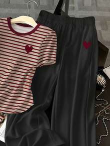 Resyla 2件套女士夏季休闲条纹爱心印花短袖T恤和裤子套装 - 彩色 - 查看 5